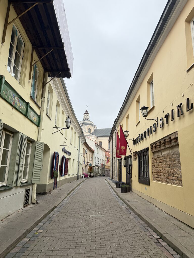 Quiet pedestrian street with colorful historic buildings and a church dome in Vilnius Old Town